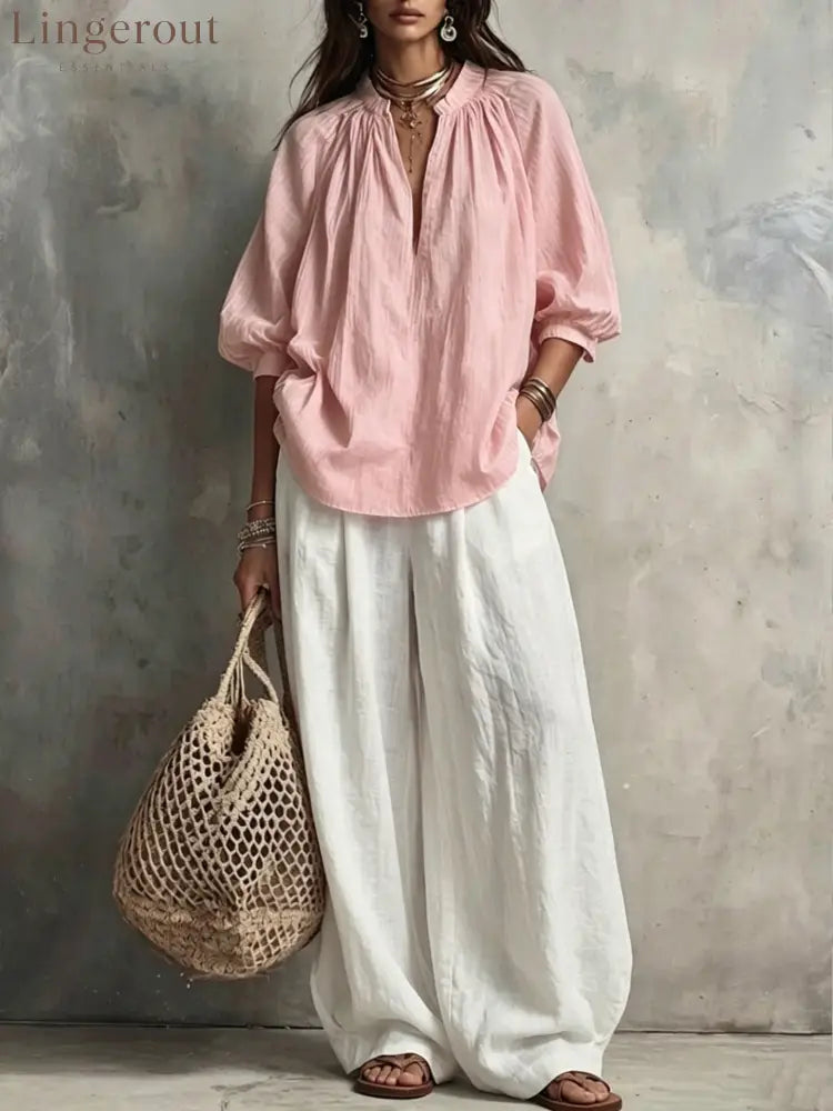 Boho Pleated Blouse & Wide‑Leg Pant Two‑Piece Set - Pink / S