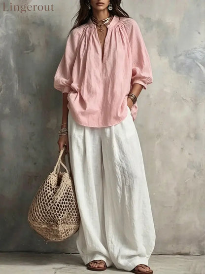 Boho Pleated Blouse & Wide‑Leg Pant Two‑Piece Set - Pink / S