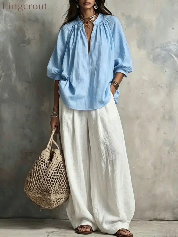 Boho Pleated Blouse & Wide‑Leg Pant Two‑Piece Set - Sky blue / S