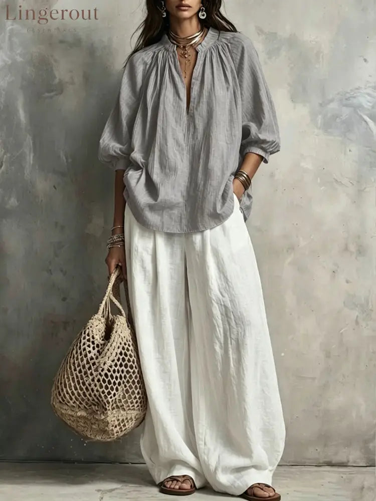 Boho Pleated Blouse & Wide‑Leg Pant Two‑Piece Set - Space gray / S