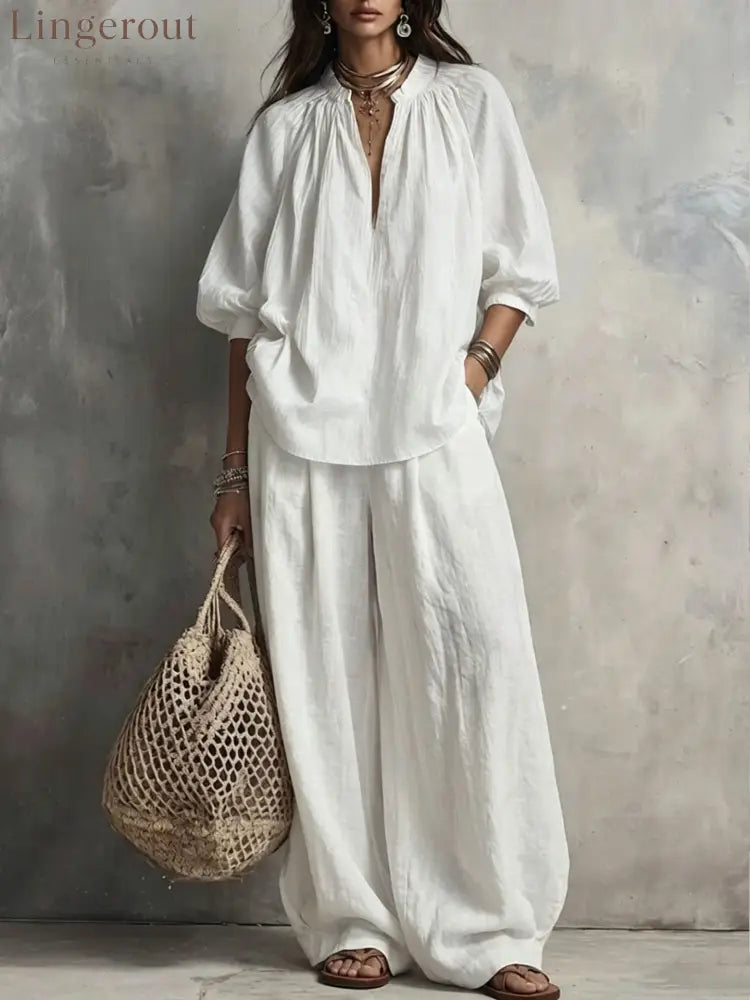 Boho Pleated Blouse & Wide‑Leg Pant Two‑Piece Set - White / S