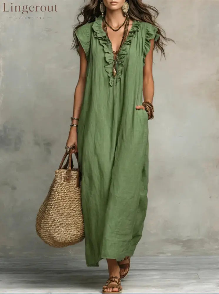 Boho Ruffled V-neck Linen Maxi Dress - Army green / S