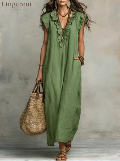 Boho Ruffled V-neck Linen Maxi Dress - Army green / S