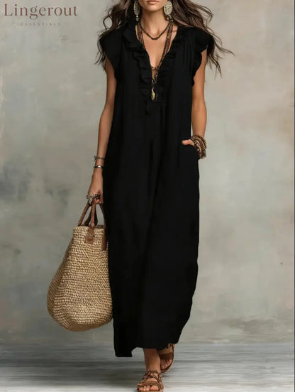 Boho Ruffled V-neck Linen Maxi Dress - Black / S