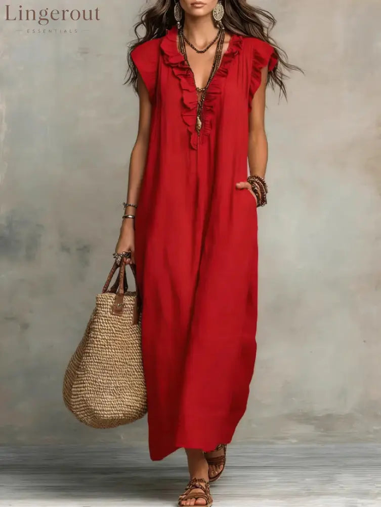 Boho Ruffled V-neck Linen Maxi Dress - Red / S