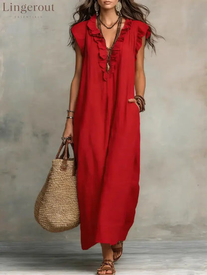 Boho Ruffled V-neck Linen Maxi Dress - Red / S