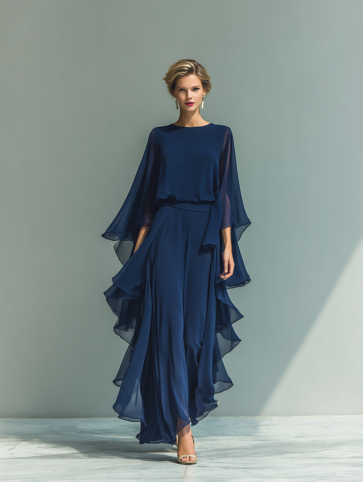 Ensemble pour femme composé d'un haut en mousseline bleu marine à manches évasées et d'un pantalon droit avec des détails à volants