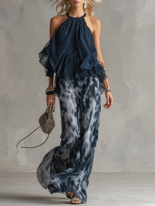 Ensemble en mousseline : haut élégant bleu marine urbain à col licou et pantalon large à imprimés