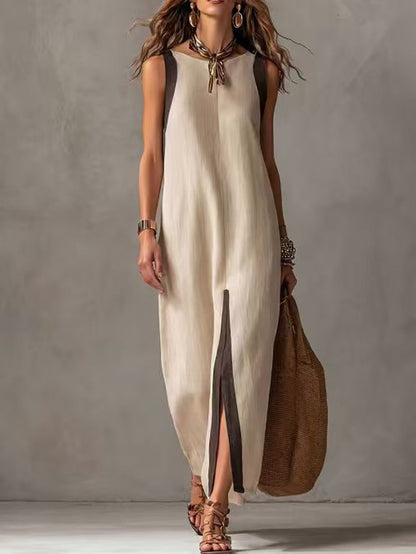Two-Tone Color Block Sleeveless Straight Midi Dress
