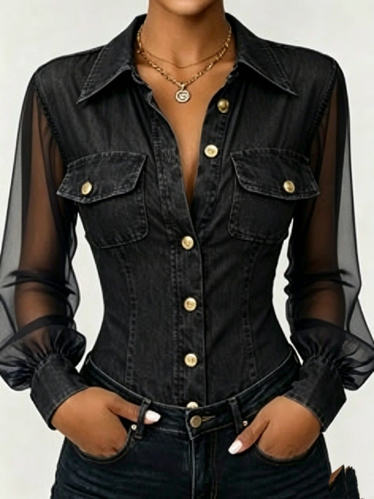 Sheer Mesh Sleeve Denim Blouse