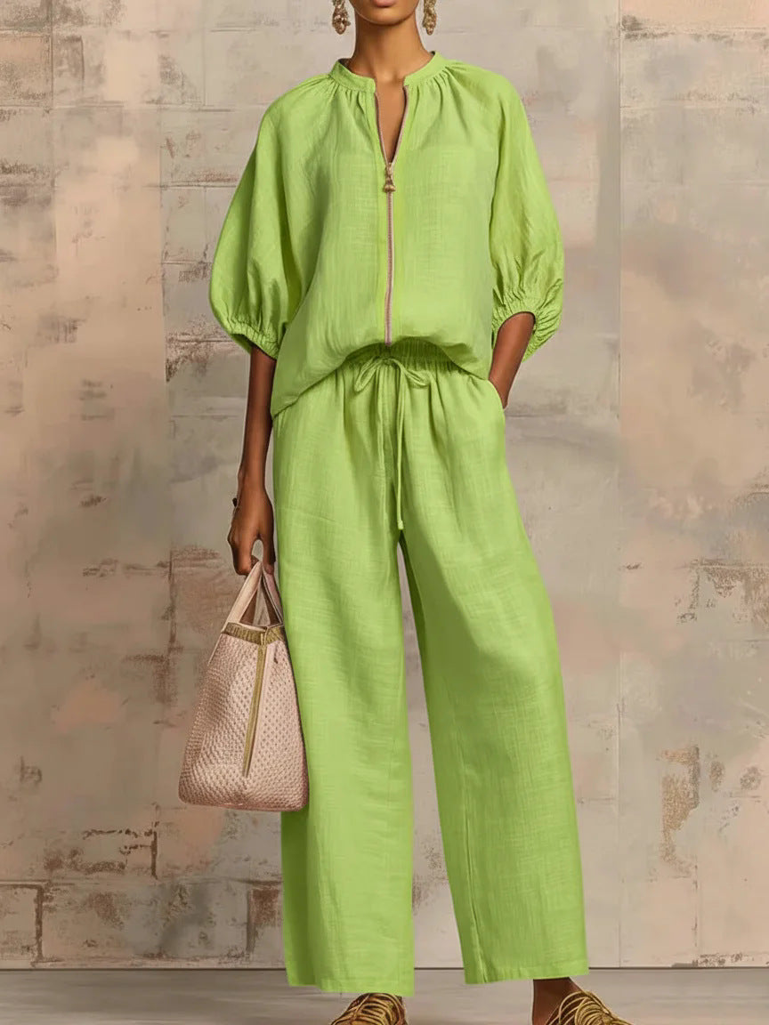 Nouveautés🔥 Ensemble deux‑pièces en lin et coton : chemise zippée élégante et confortable et pantalon à jambes larges