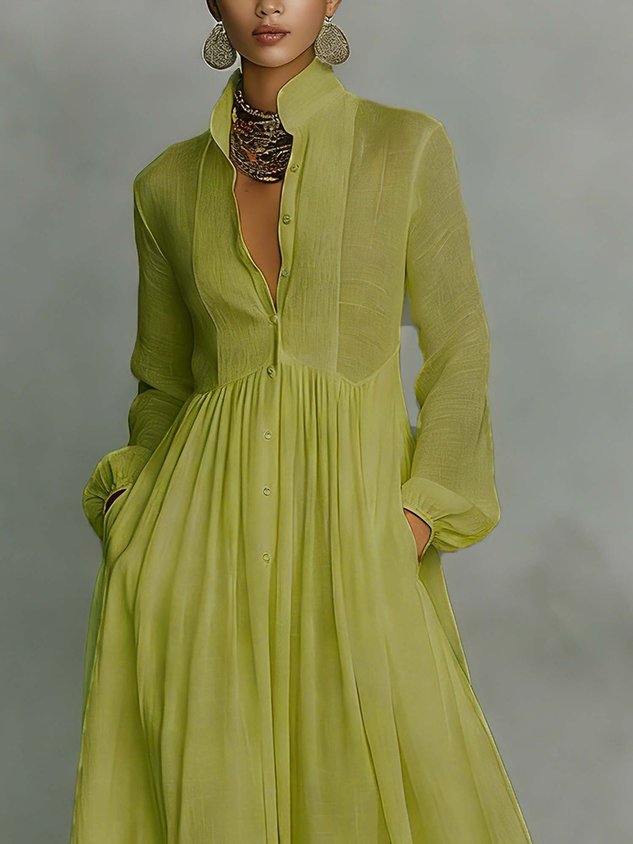 Robe maxi décontractée en coton et lin, taille haute, col montant, pour le quotidien