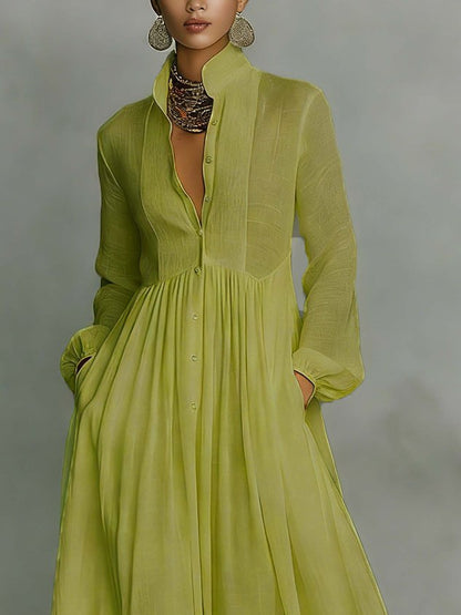 Robe maxi décontractée en coton et lin, taille haute, col montant, pour le quotidien