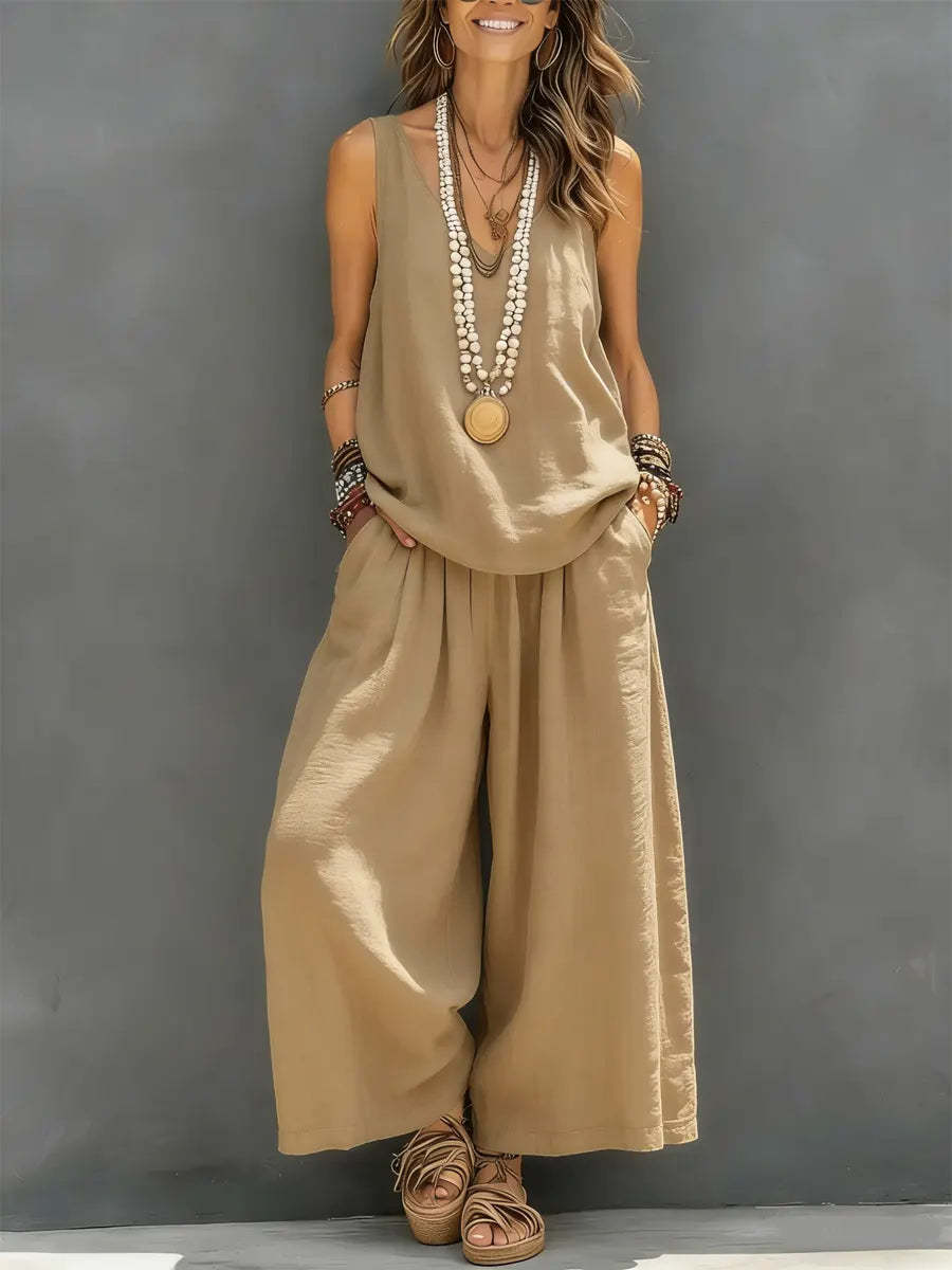 Ensemble top sans manches à col V en lin et pantalon à jambes larges