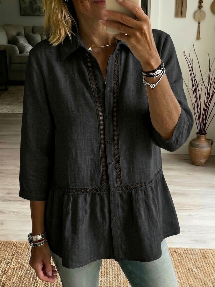 Chemise décontractée en lin et coton à patchwork, ajourée et à bande tissée