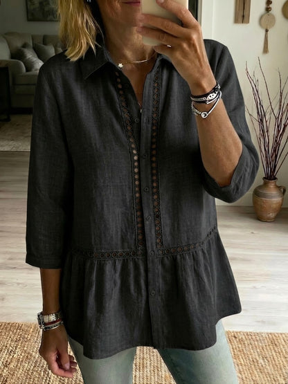 Chemise décontractée en lin et coton à patchwork, ajourée et à bande tissée