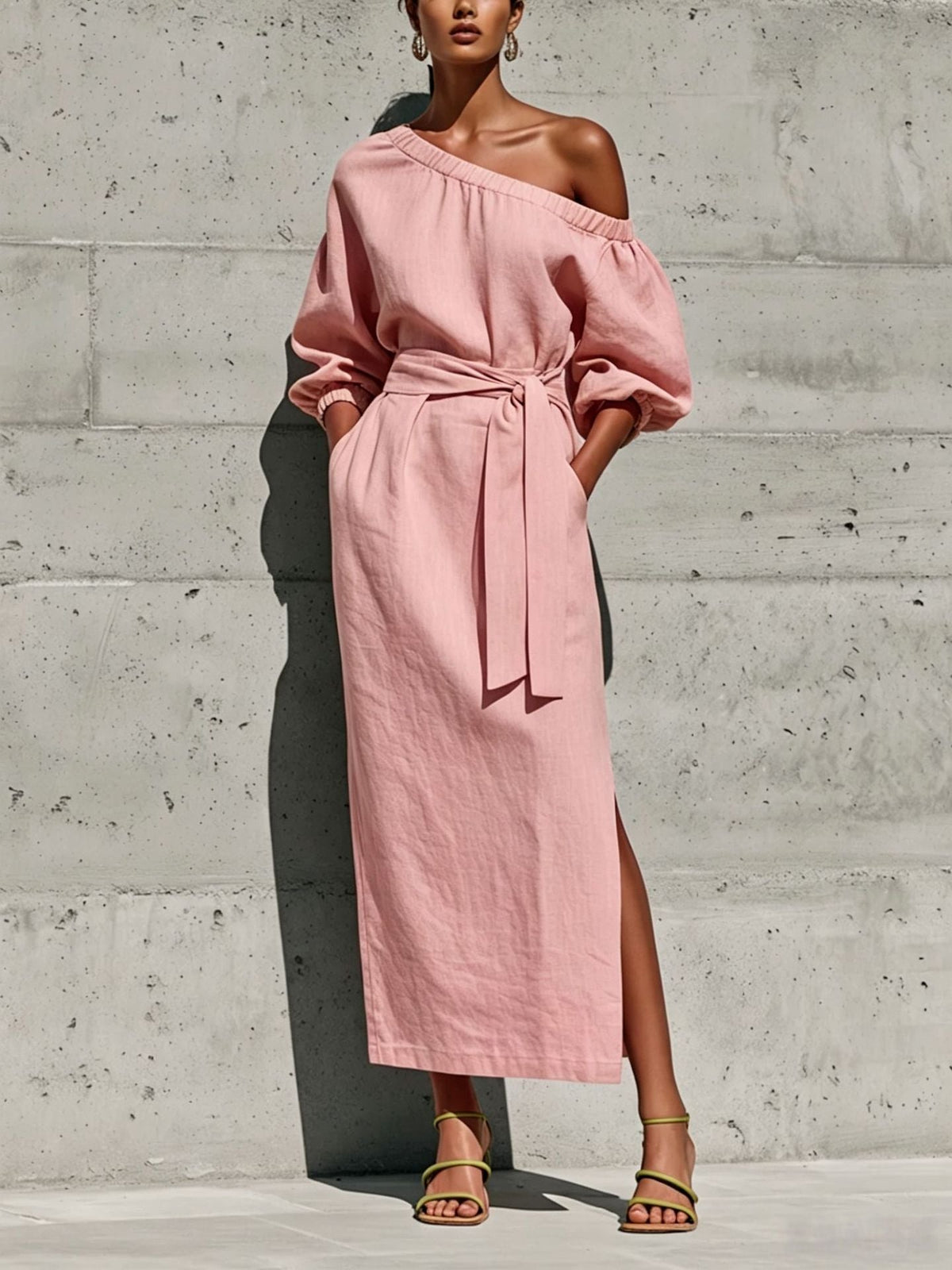 Linen One Shoulder Puff Sleeve Tie Waist Side Slit Midi Dress
