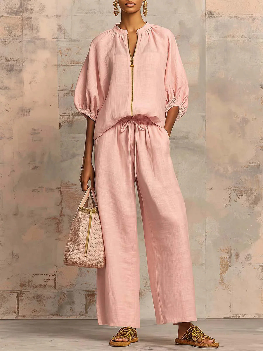 Nouveautés🔥 Ensemble deux‑pièces en lin et coton : chemise zippée élégante et confortable et pantalon à jambes larges