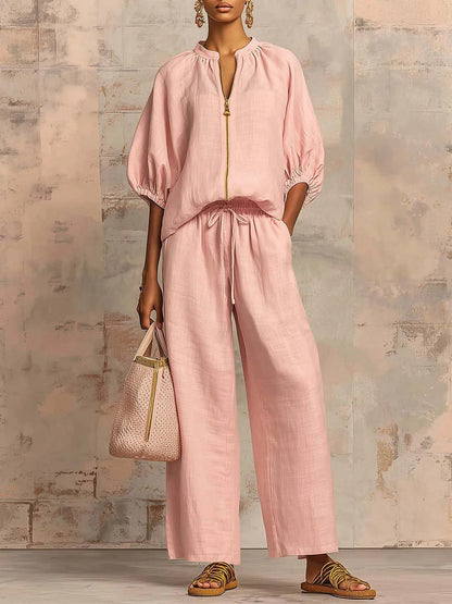 Nouveautés🔥 Ensemble deux‑pièces en lin et coton : chemise zippée élégante et confortable et pantalon à jambes larges