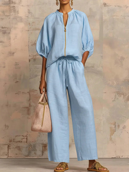 Nouveautés🔥 Ensemble deux‑pièces en lin et coton : chemise zippée élégante et confortable et pantalon à jambes larges