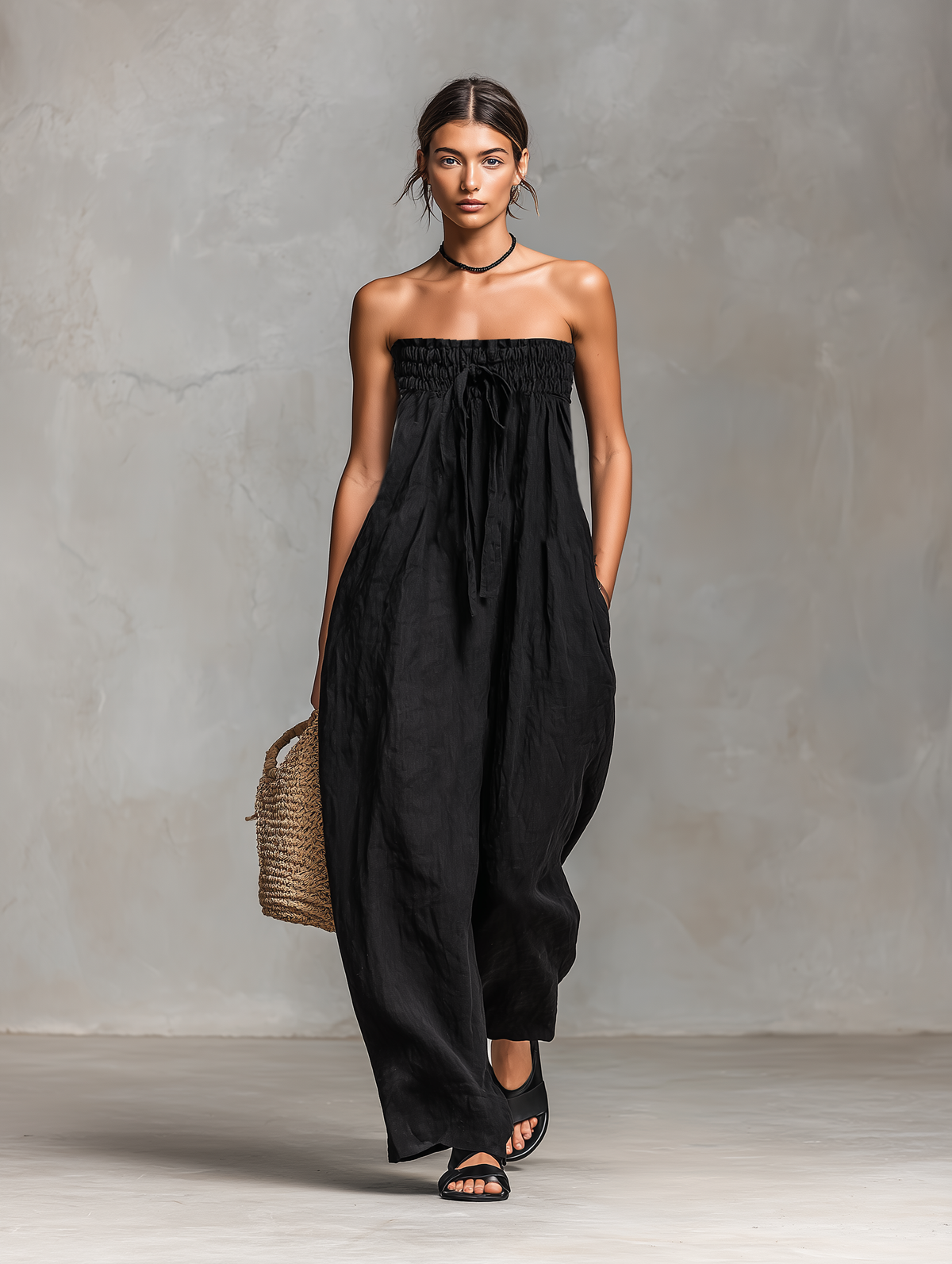 Combinaison sans bretelles pour femme, minimaliste, ample, en mélange de lin, avec fermeture à nouer