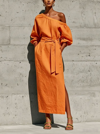 Linen One Shoulder Puff Sleeve Tie Waist Side Slit Midi Dress