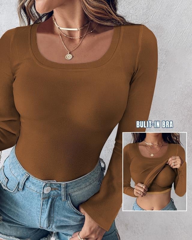 Haut à manches longues côtelé pour femme, col en U avec soutien-gorge intégré, coupe élégante et moulante, tissu extensible
