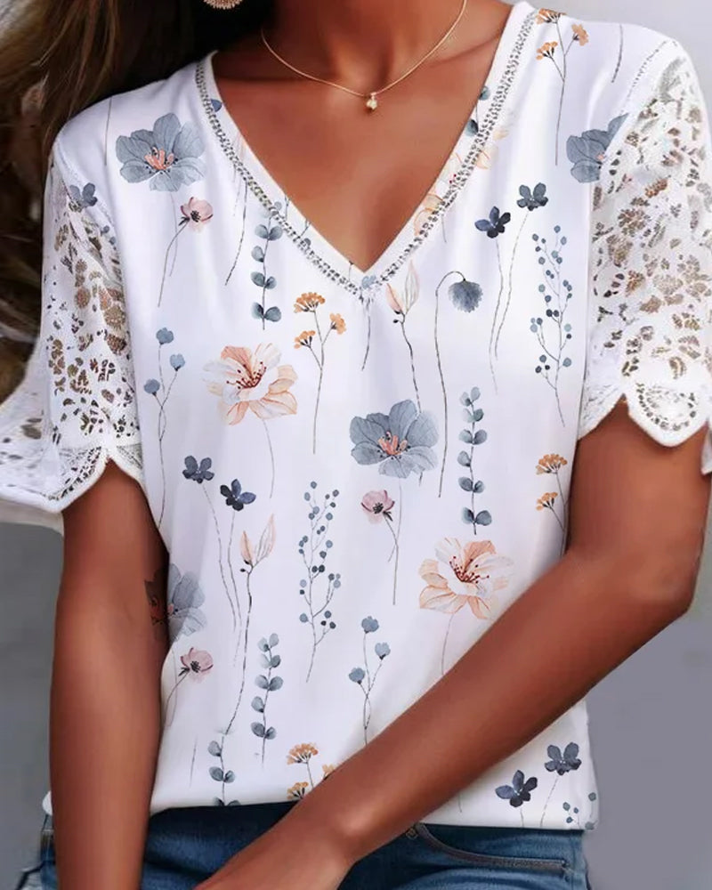 Blouse à patches de dentelle et imprimée
