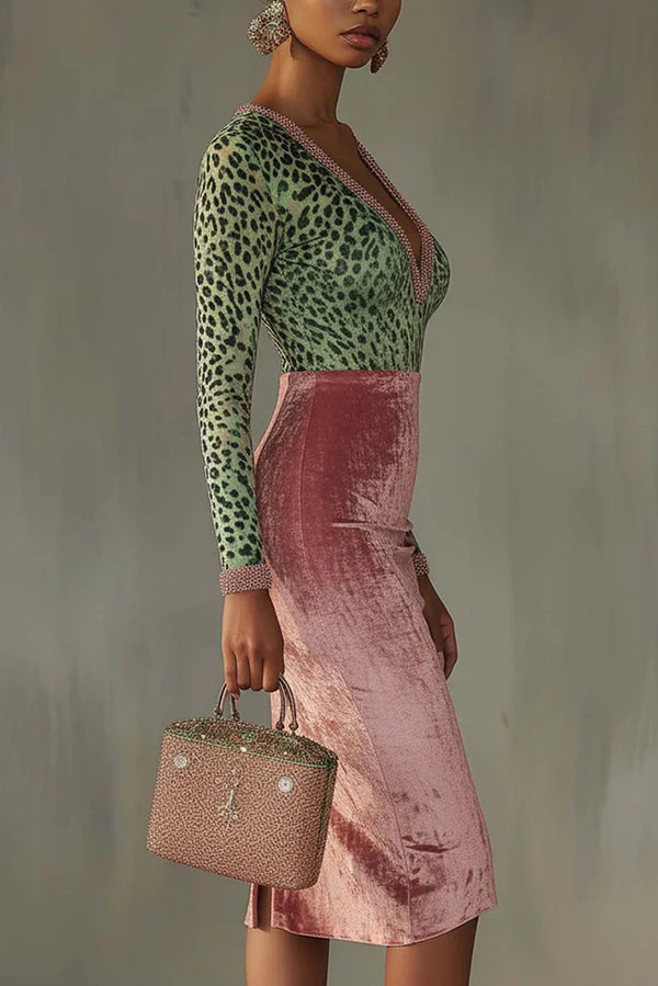 Robe midi slim stretch patchwork en velours tendance