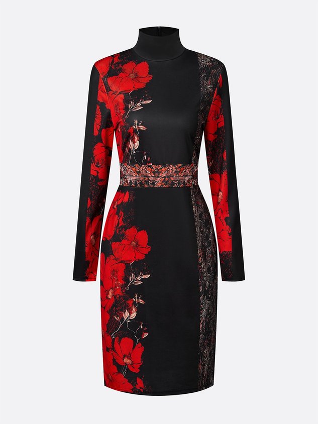 Robe midi en jersey à col montant élégant, manches longues