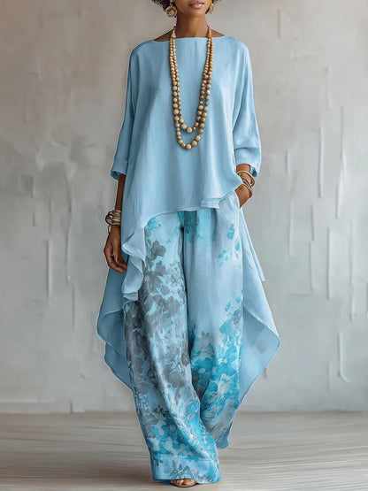 Women's Artistic Linen-Blend Asymmetrical Top & Floral Print Wide Leg Pants Two-Piece Set