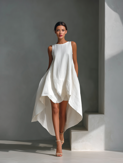Robe midi sans manches en lin blanc pour femme à col rond