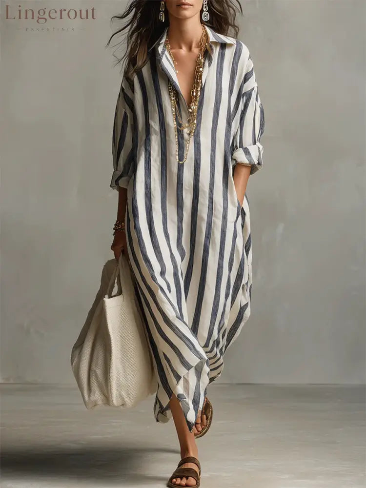 Casual And Cozy Striped Linen-cotton Dress - Black / S