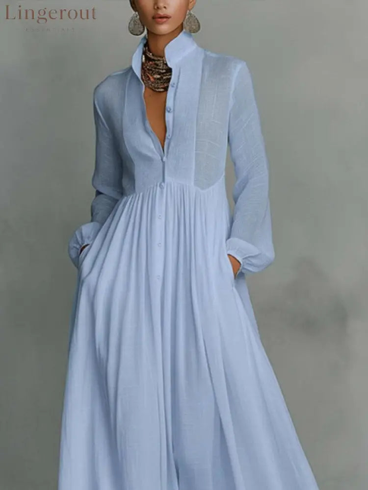 Casual Cotton Linen Maxi Dress High Waist Stand Collar Daily