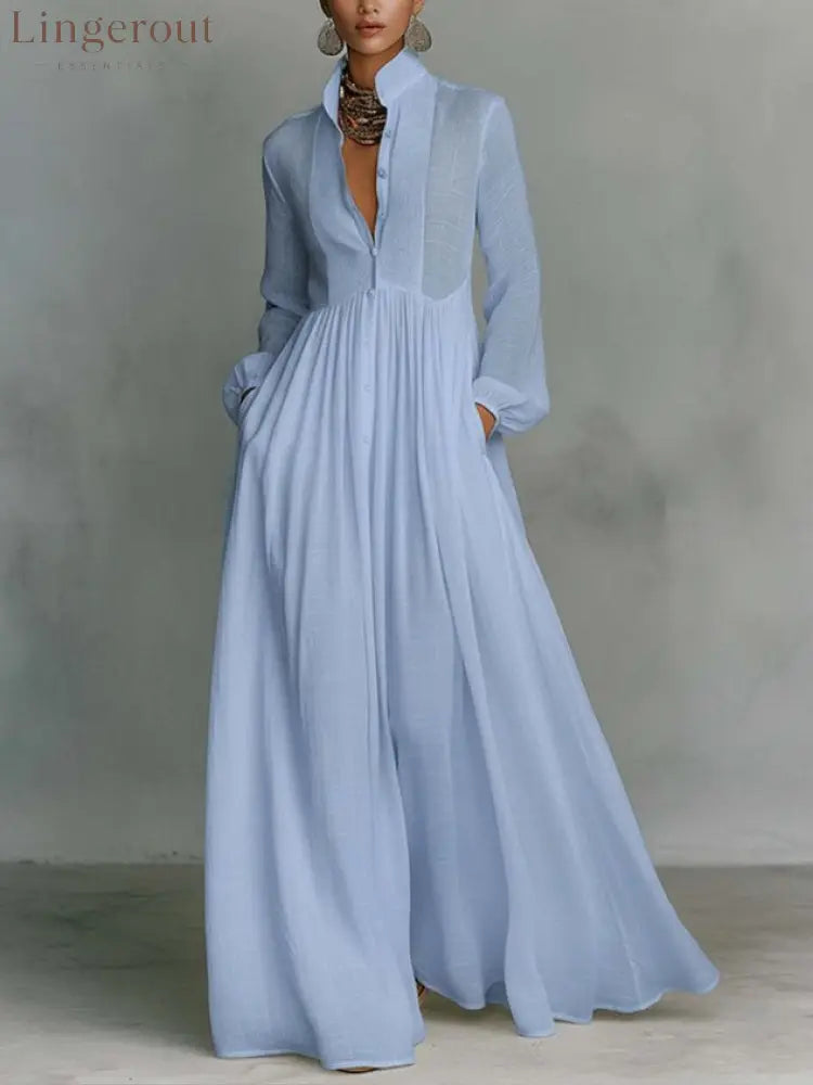 Casual Cotton Linen Maxi Dress High Waist Stand Collar Daily - Blue / S