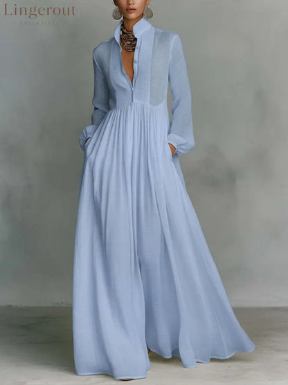 Casual Cotton Linen Maxi Dress High Waist Stand Collar Daily - Blue / S