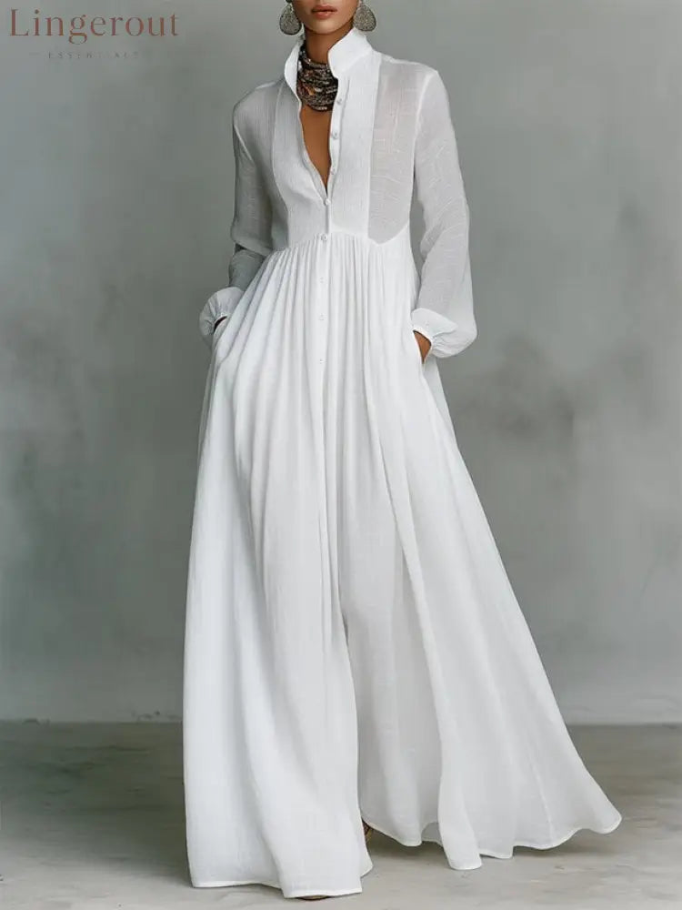 Casual Cotton Linen Maxi Dress High Waist Stand Collar Daily - White / S