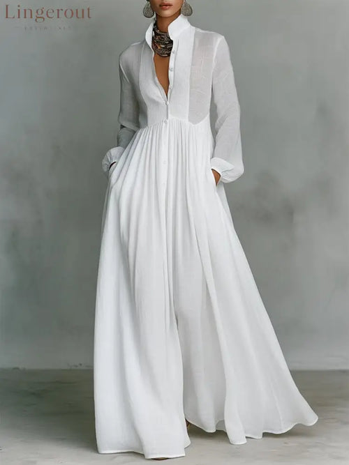 Casual Cotton Linen Maxi Dress High Waist Stand Collar Daily - White / S