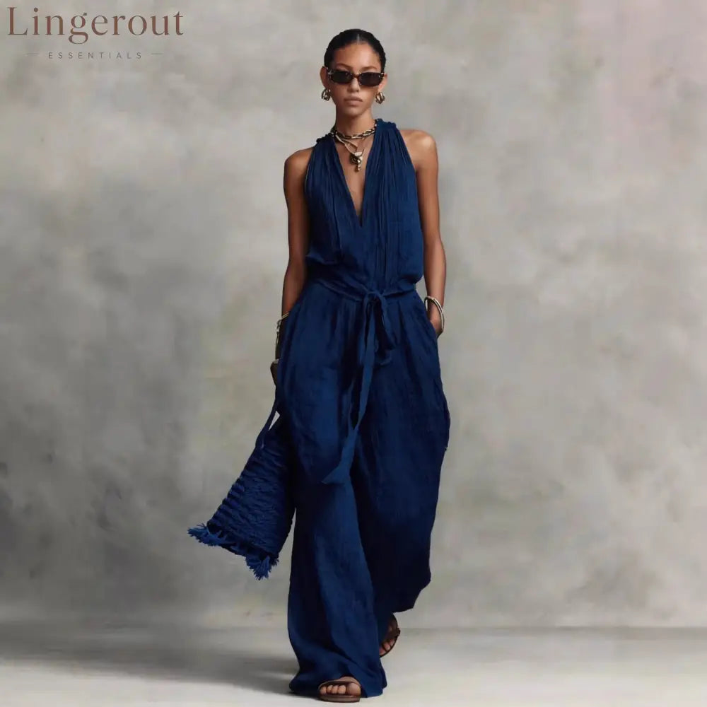 Casual Lace-Up Sleeveless Cotton Blend Jumpsuit