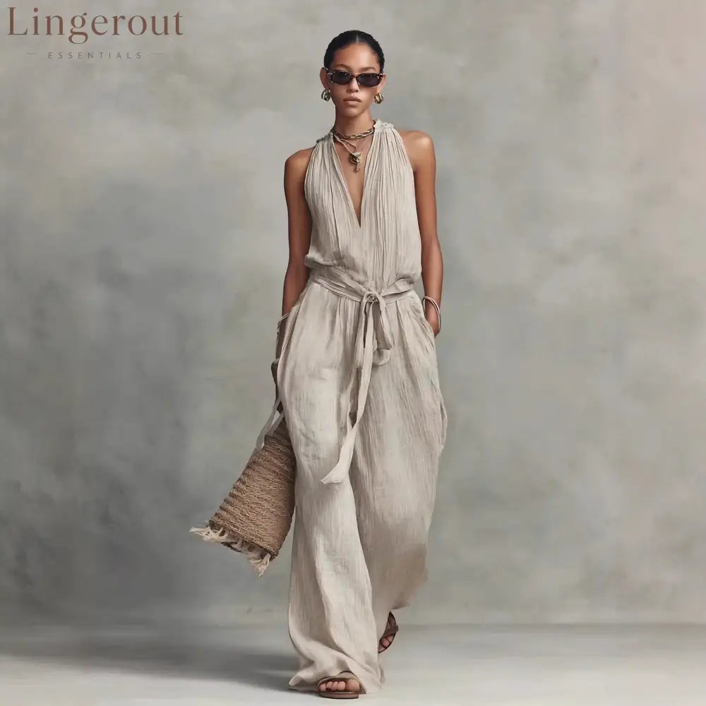 Casual Lace-Up Sleeveless Cotton Blend Jumpsuit