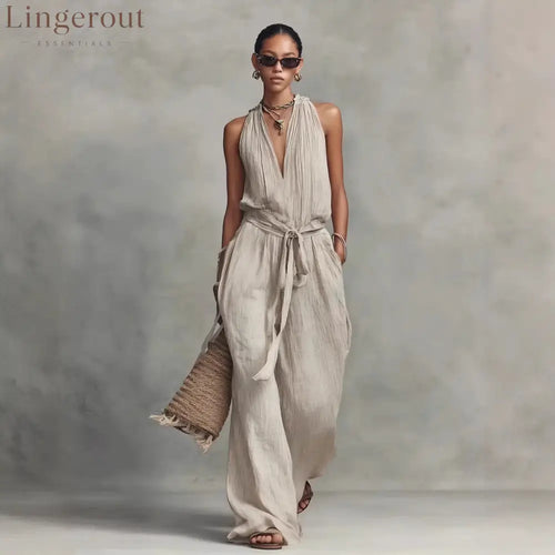 Casual Lace-Up Sleeveless Cotton Blend Jumpsuit