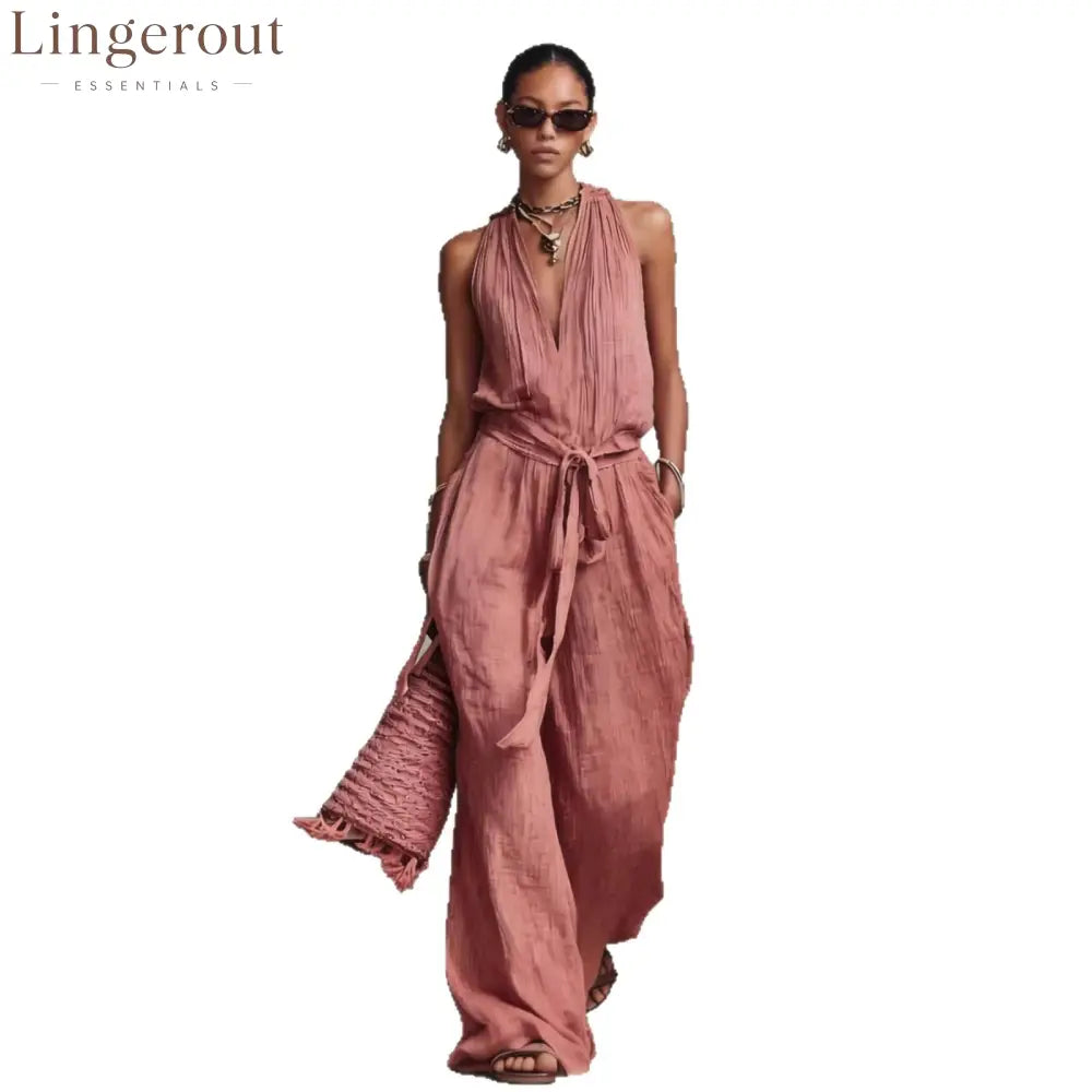 Casual Lace-Up Sleeveless Cotton Blend Jumpsuit