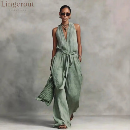 Casual Lace-Up Sleeveless Cotton Blend Jumpsuit