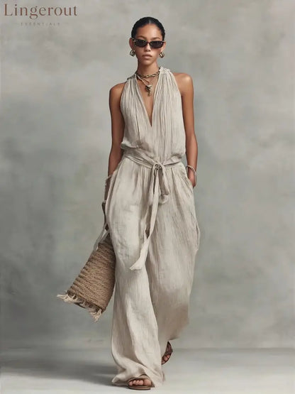 Casual Lace-Up Sleeveless Cotton Blend Jumpsuit - Apricot / S