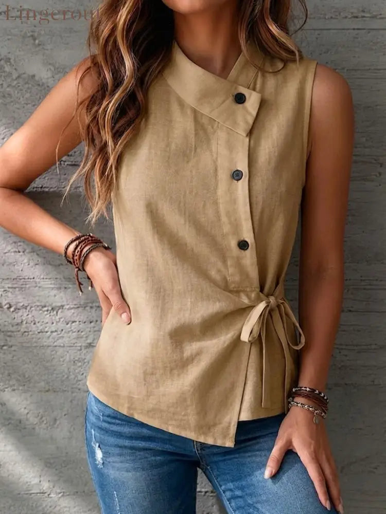 Casual Sleeveless Linen And Cotton Top - Camel / S