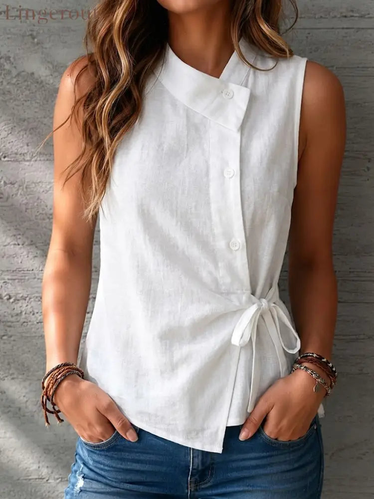 Casual Sleeveless Linen And Cotton Top - White / S