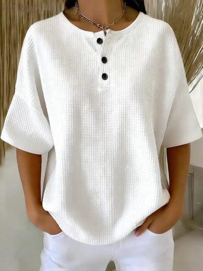 Casual Waffle Henry Collar Sweatshirt - White / S