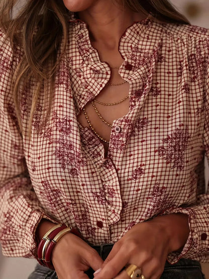 Chemise à boutons à carreaux avec volants