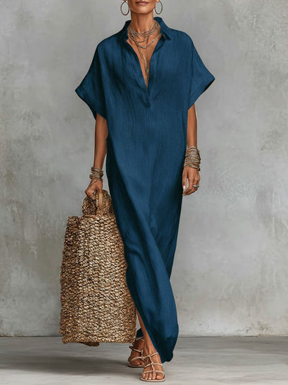 Robe décontractée ample en lin pour femme, unie, à col et à manches courtes