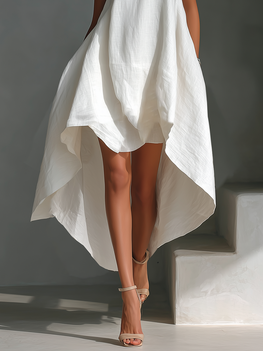 Robe midi sans manches en lin blanc pour femme à col rond